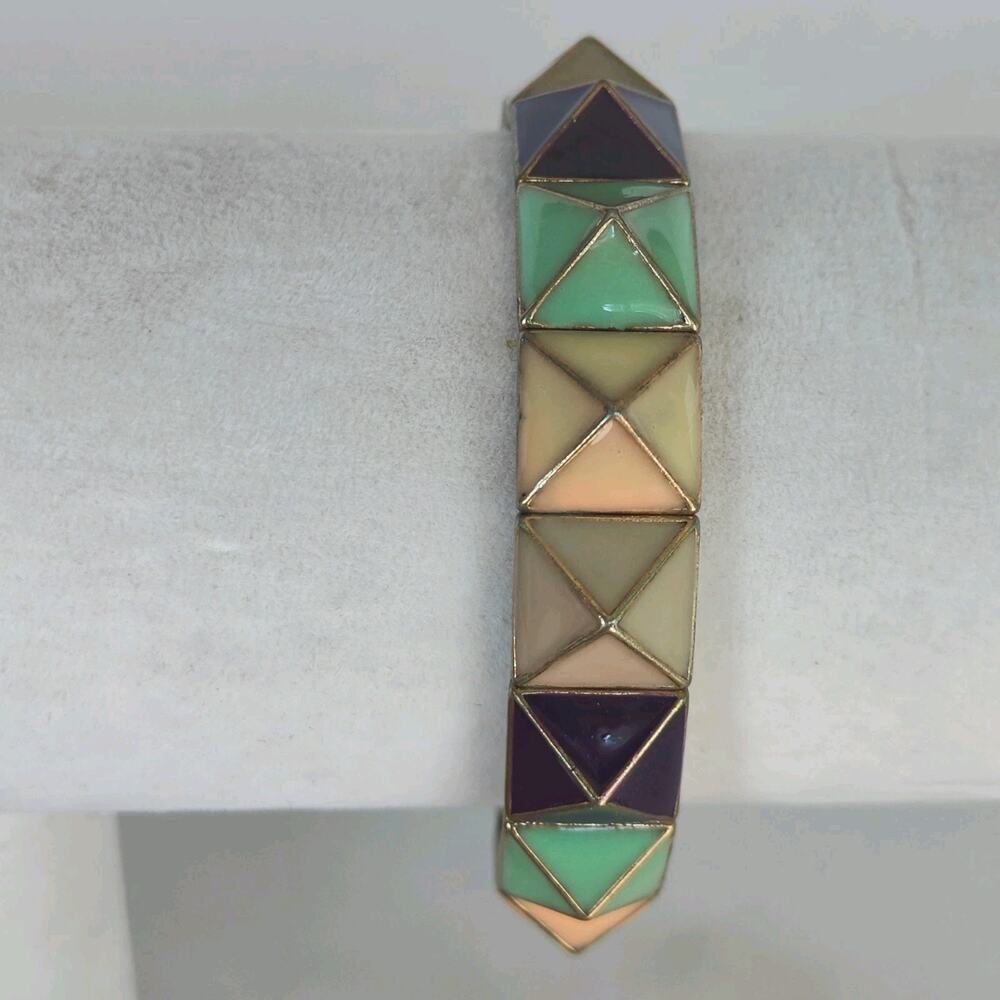 Womens Pyramid Bracelet Multi Colored Enamel Metal Ornate Stretch Vtg Retro Rare
